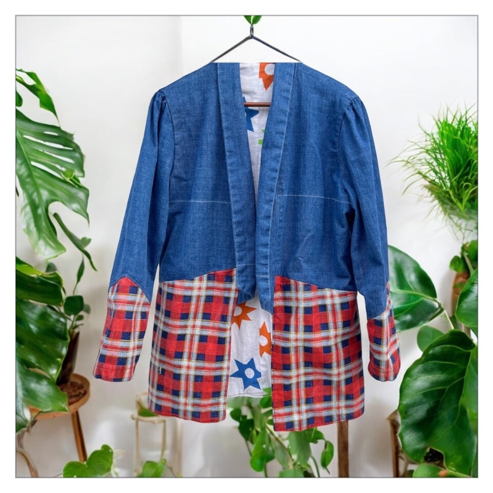 Denim & Red Plaid Open Front Women's Jacket - Picture 1 of 16